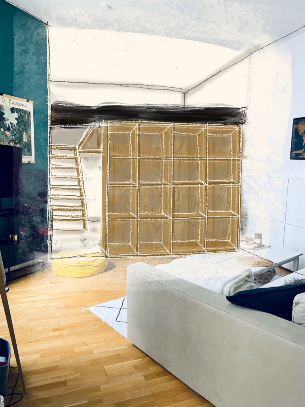 Design for the loft bed in the alcove