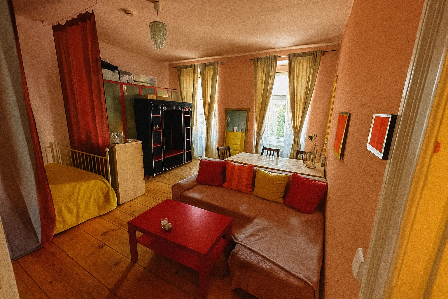 The room before the conversion with freestanding wardrobes